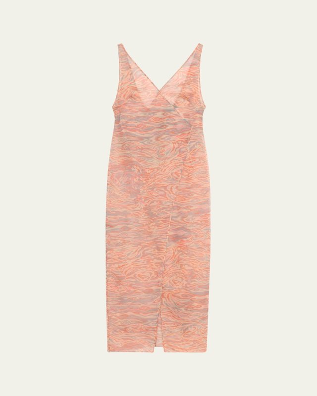 Abstract Semi-Sheer Wrap Silk Dress